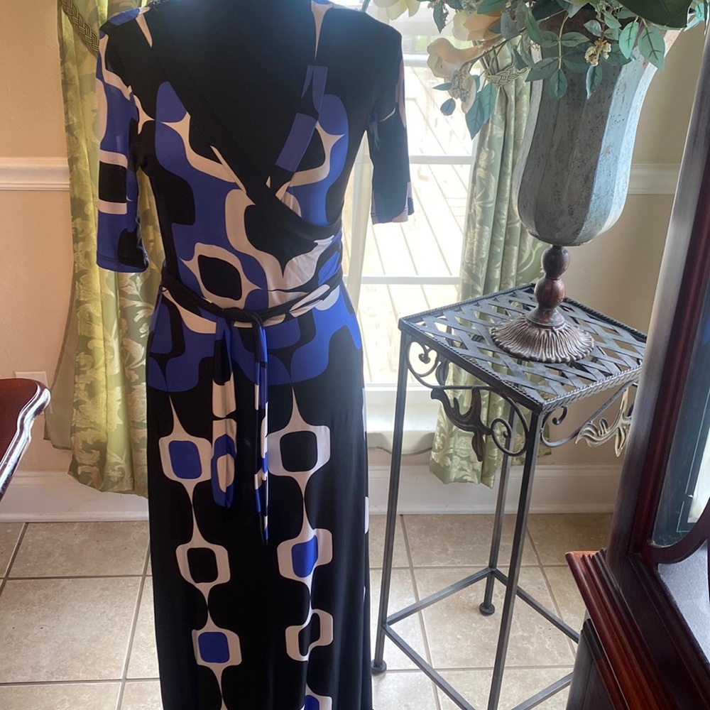 Royal blue, black and white printed maxi dress